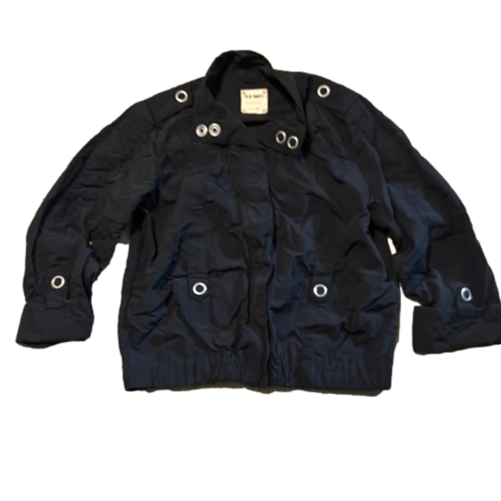 Old Navy Black Large Metal Silver Snaps Windbreaker Jacket Women’s Size Medium